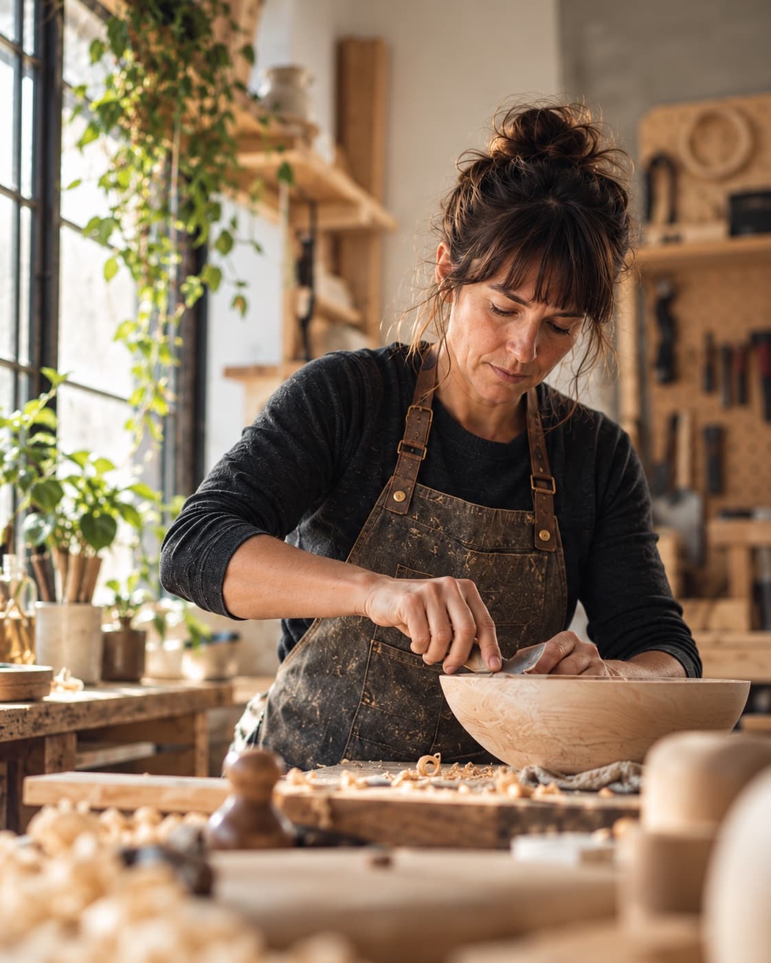 Artisane québécoise travaillant un bol en bois dans son atelier.